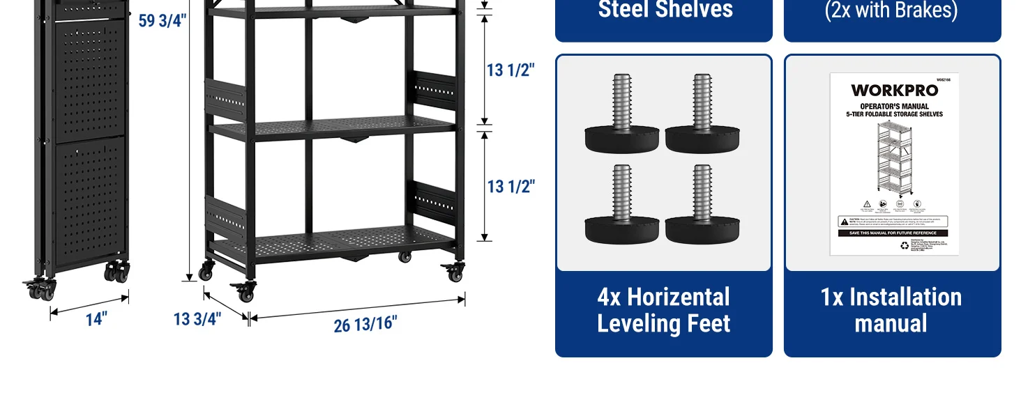 Steel shelves with perforated panels, leveling feet shown, and dimensions, plus an operator manual panel