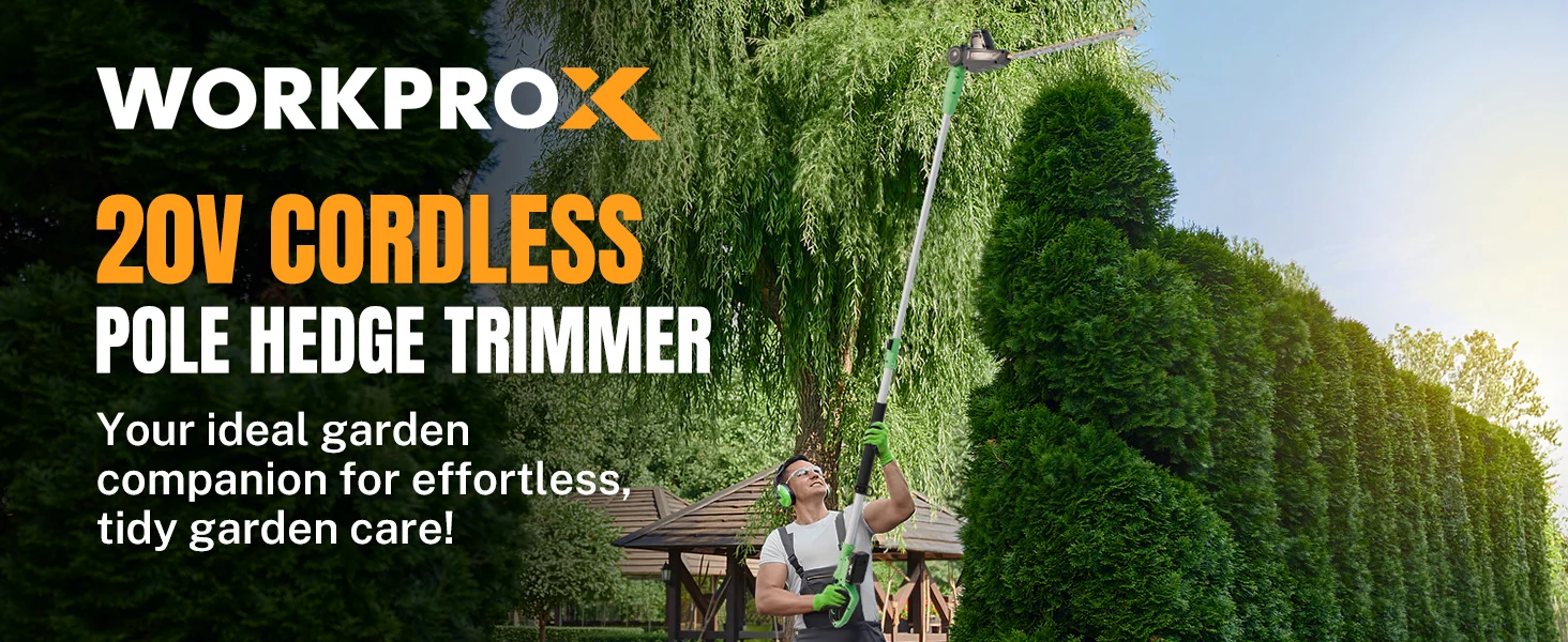 Garden worker using a pole hedge trimmer on tall green hedges, with bright outdoor sunlight and clear sky