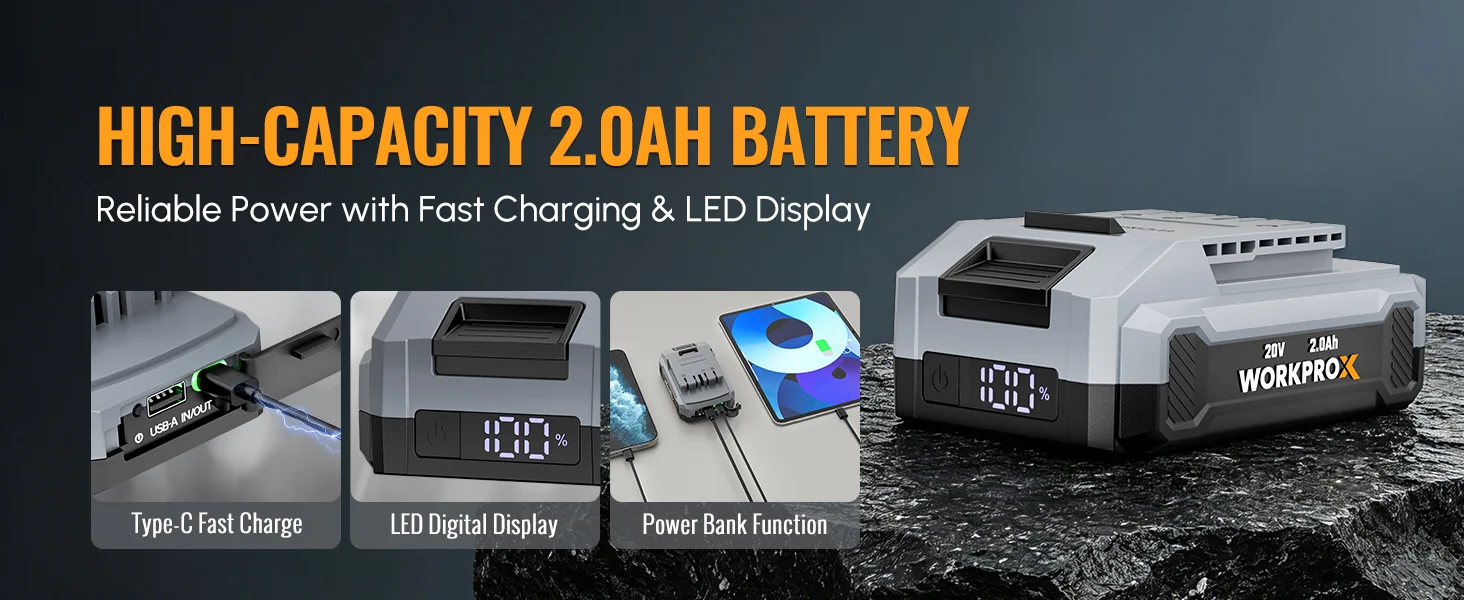 Portable power tool battery pack with LED digital display and USB C fast charge, shown on wet concrete