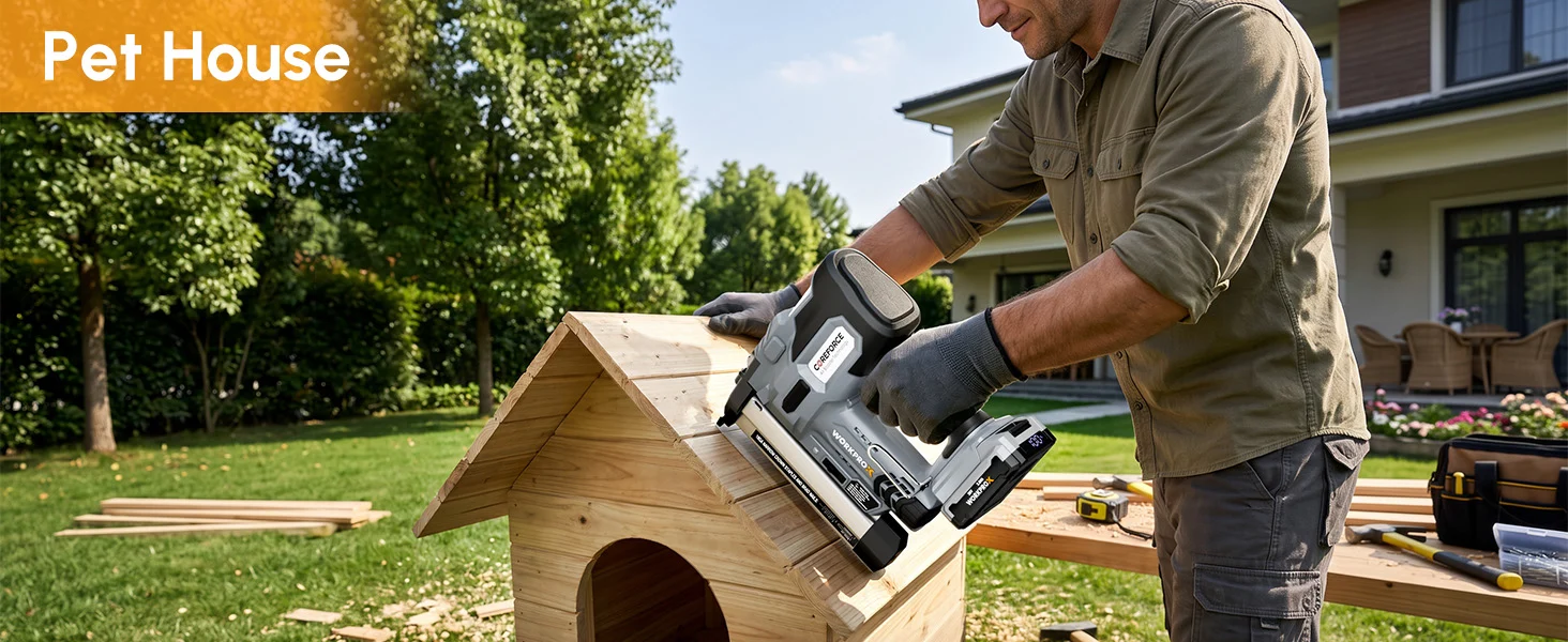 Man building a wooden pet house outdoors, using a power nailer with innovation and quality in focus