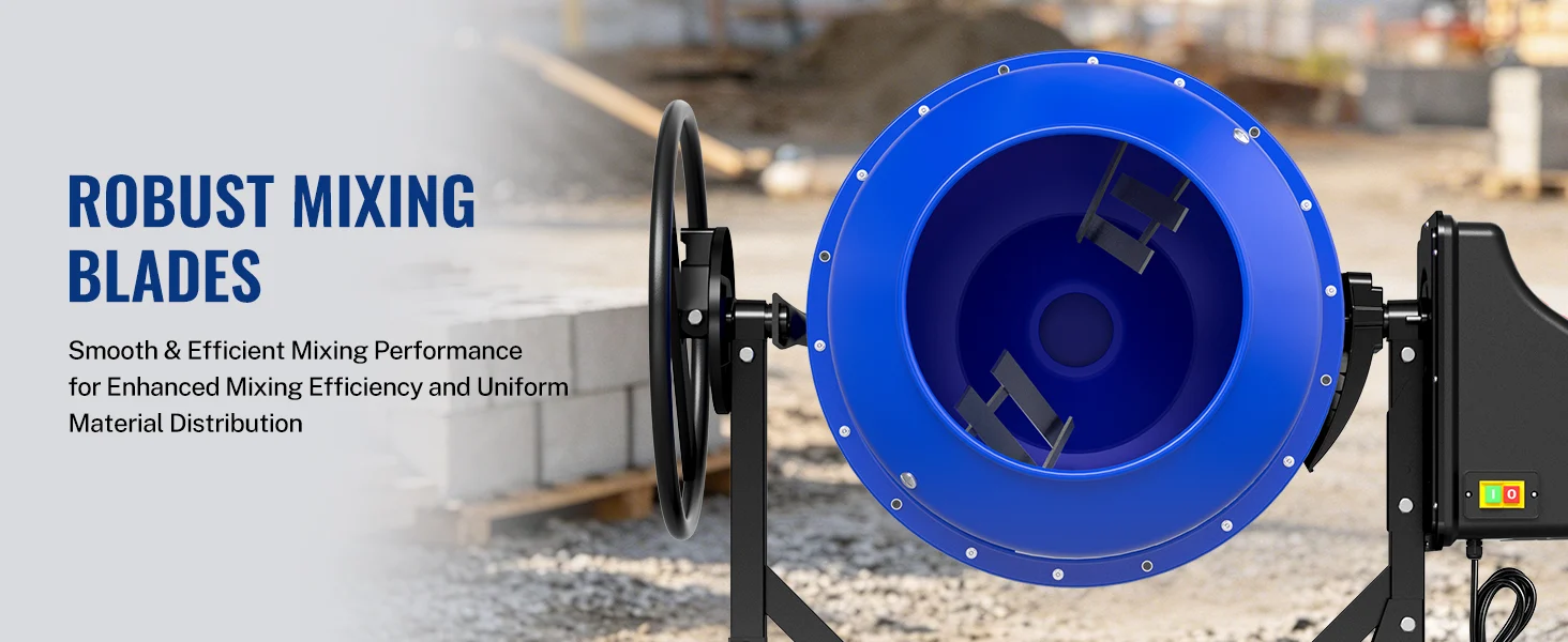 Blue industrial mixing drum with metal blades and spokes, shown in a workshop setting for innovation and quality