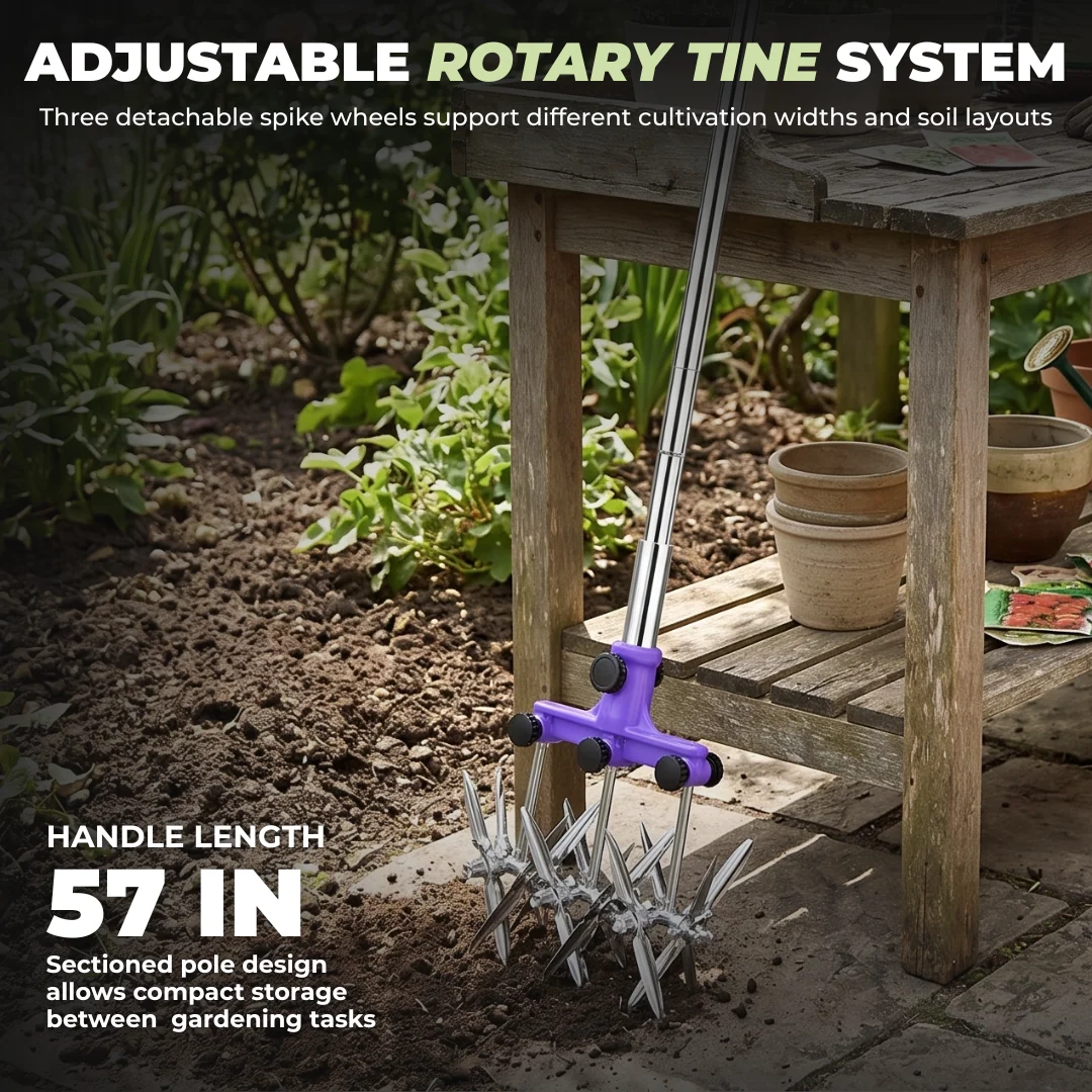 Rotary Cultivator Hand Tiller Adjustable Stainless Steel Garden Tool