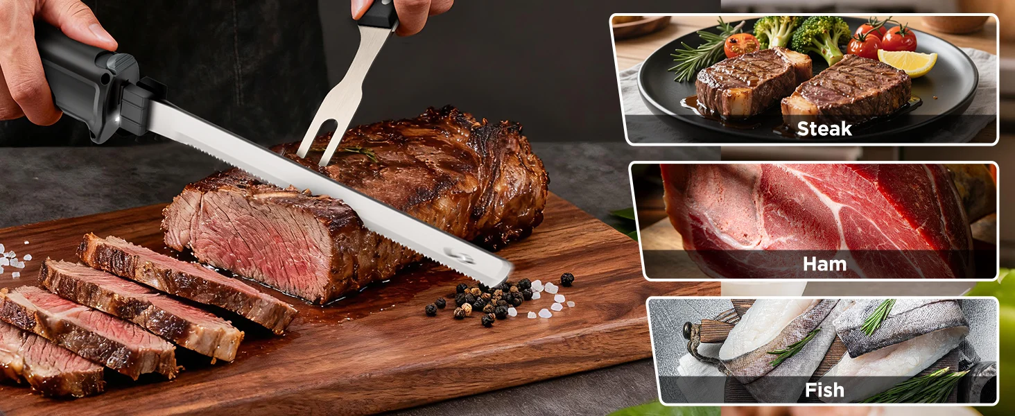 Chef carving steak with a knife on a wooden board, with ham and fish shown in inset panels