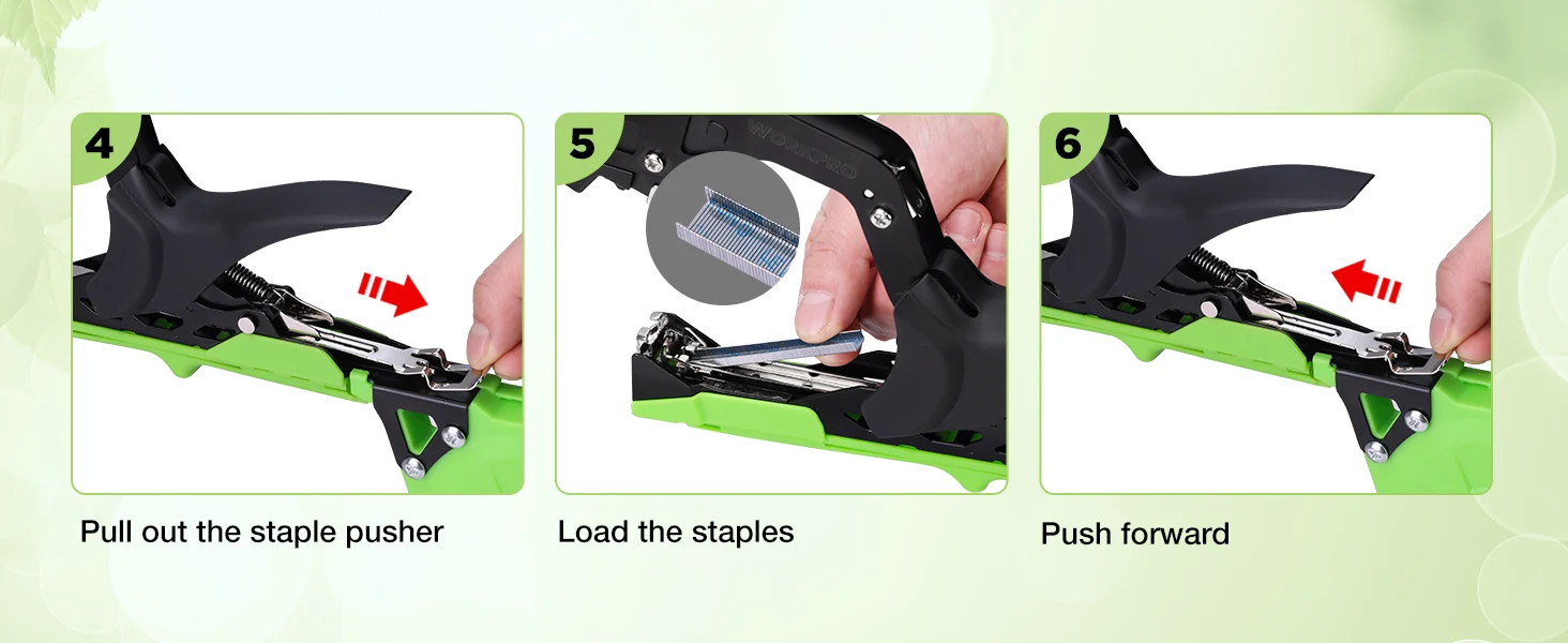Staple gun steps show pulling out the staple pusher, loading staples, and pushing forward with innovation