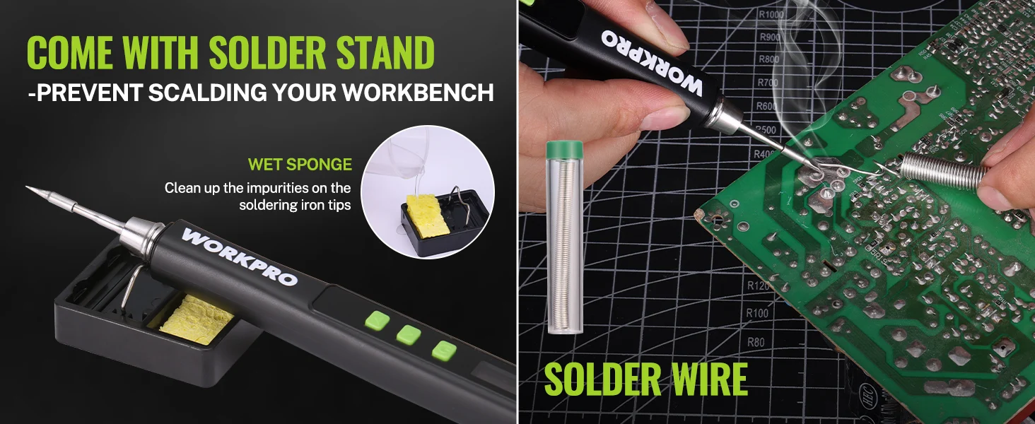 Soldering iron stand and solder wire with a wet sponge, showing innovation and quality in a workbench setup