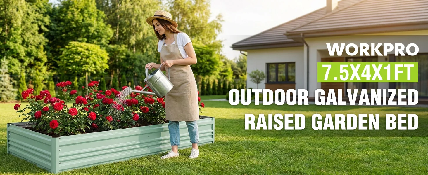 Woman watering flowers in a green raised garden bed beside a house, with WORKPRO text and measurements