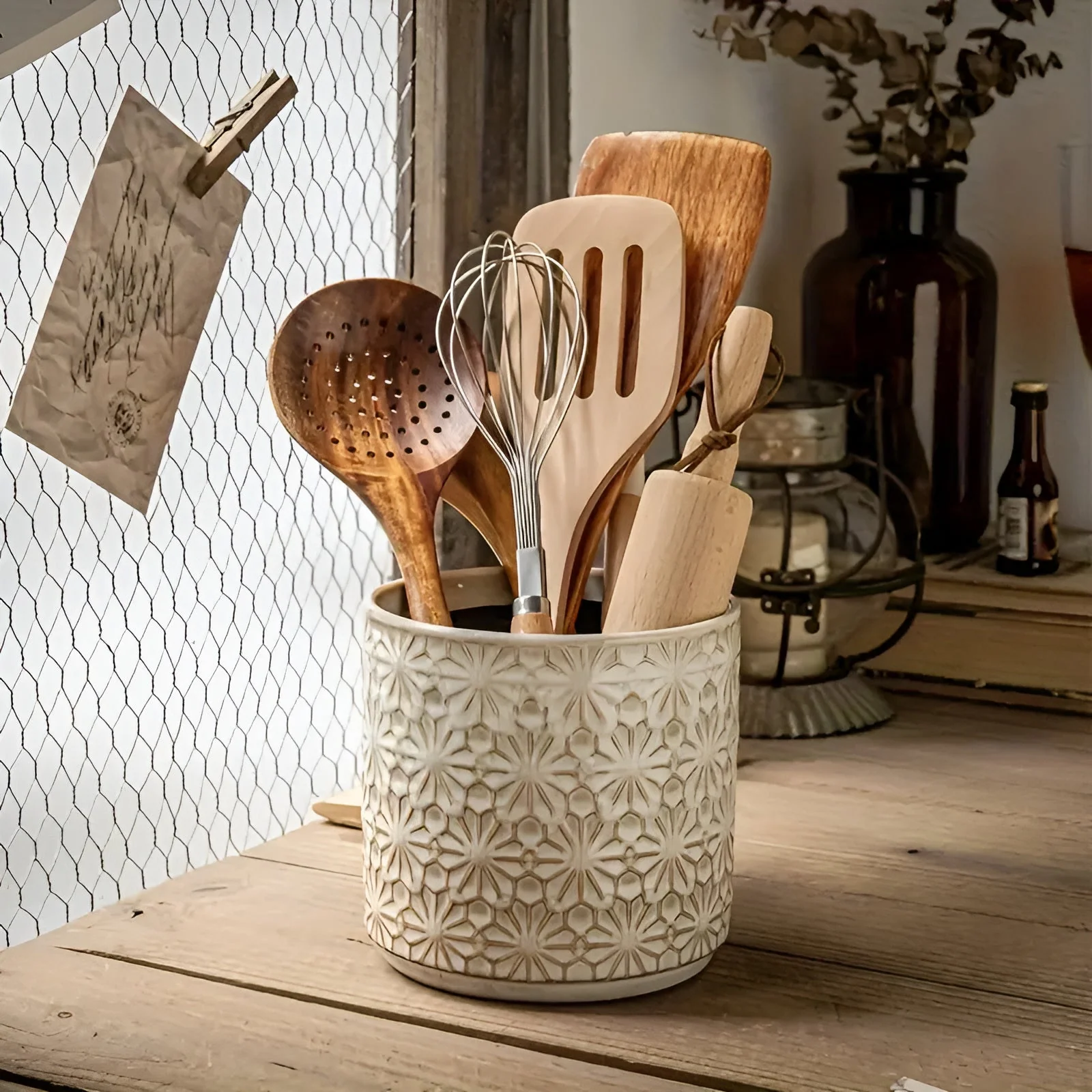 Utensil Holder Ceramic Embossed Floral Wide Opening - Image 4