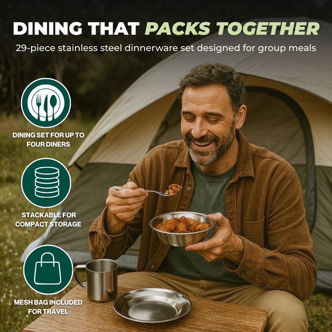 Stainless Steel Camping Dinnerware Set with Mesh Storage, 29-Piece Set