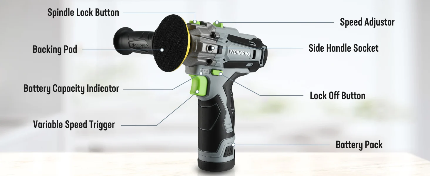 Cordless power tool with labeled spindle lock button, speed adjustor, and battery pack, showing quality and innovation