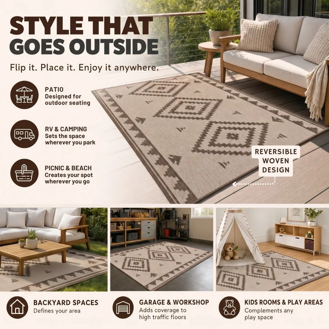5 x 8 ft Reversible Woven Outdoor Rug for Patio, RV, Deck Use