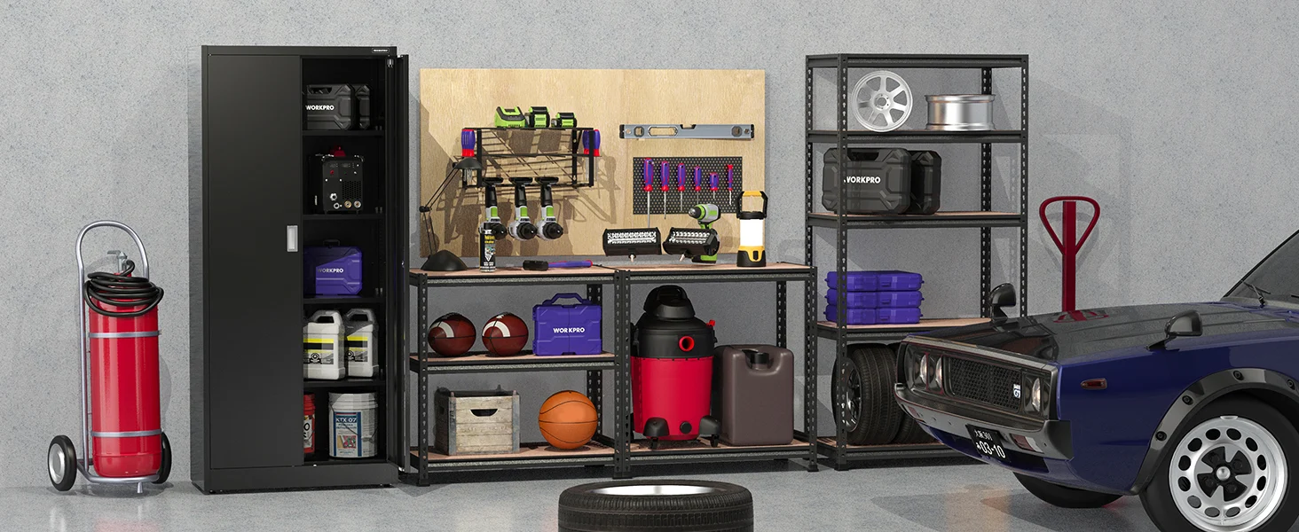 Garage tool cabinet with neatly arranged power tools, bins, and supplies, showing innovation and quality in a workshop setup