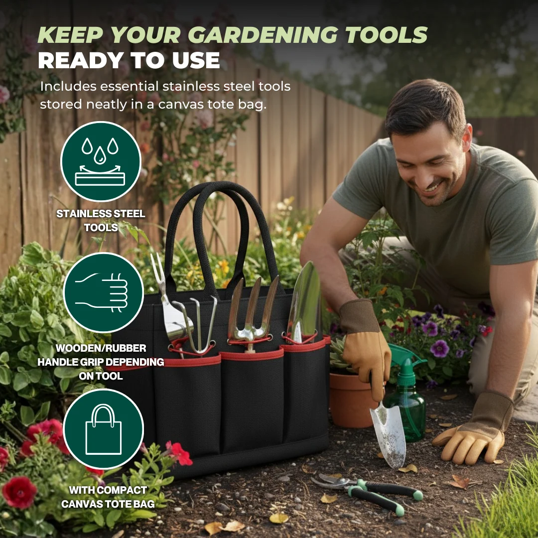 Garden Tool Set with Storage Tote Bag, Stainless Steel Tools