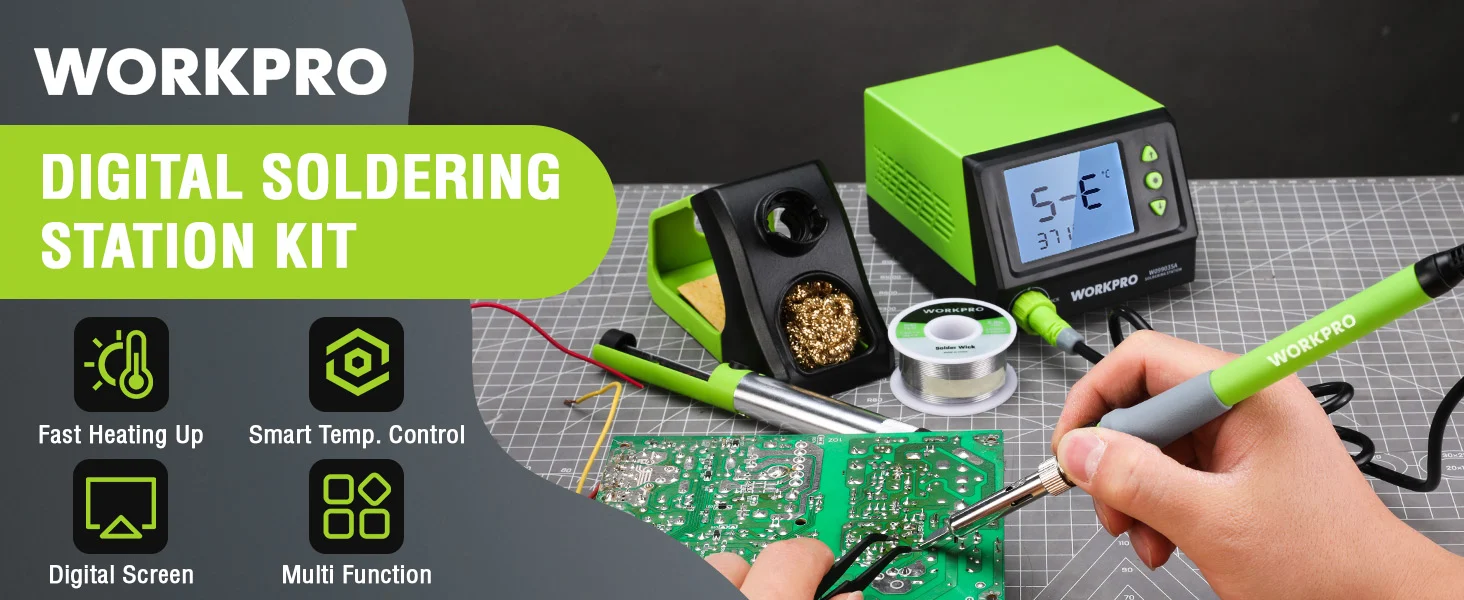 Digital soldering station kit with innovation and quality, showing a green iron, screen, and circuit board on a mat