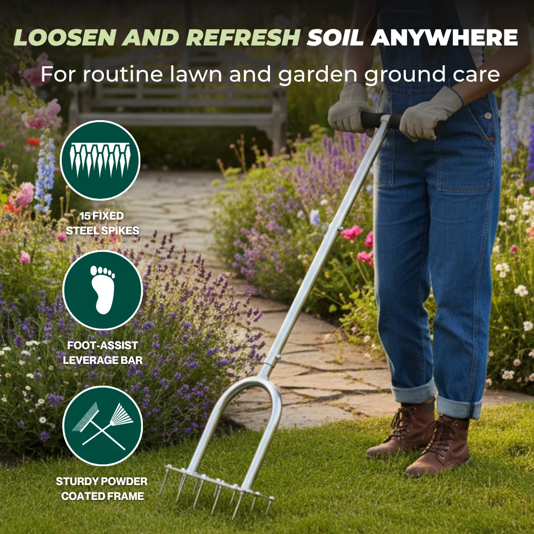 Manual Lawn Aerator with 15 Iron Spikes for Soil and Grass Care