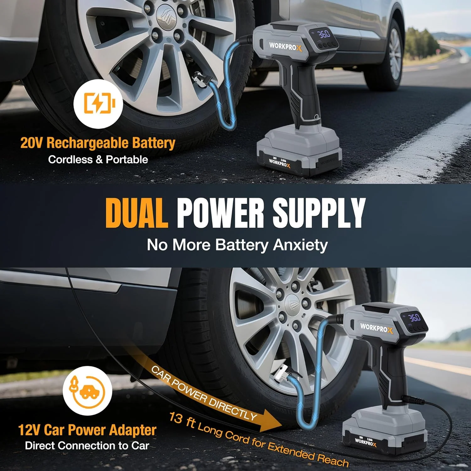 WORKPROX Tire Inflator Portable Air Compressor, 150 PSI Cordless Car Tire Pump with Digital Pressure Gauge, Fast Inflation, Rechargeable Battery & 12V DC Power, for Cars, Motorcycles, Bikes, Balls - Image 3