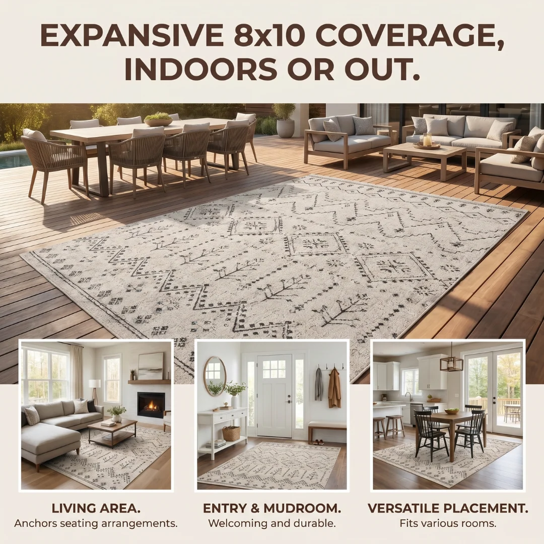 Moroccan Area Rug 8x10 ft Natural Polypropylene Textured Weave