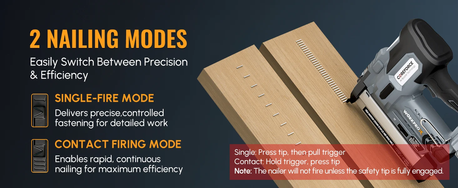 Nailing tool with two firing modes shown beside wooden planks, with innovation and quality text overlays