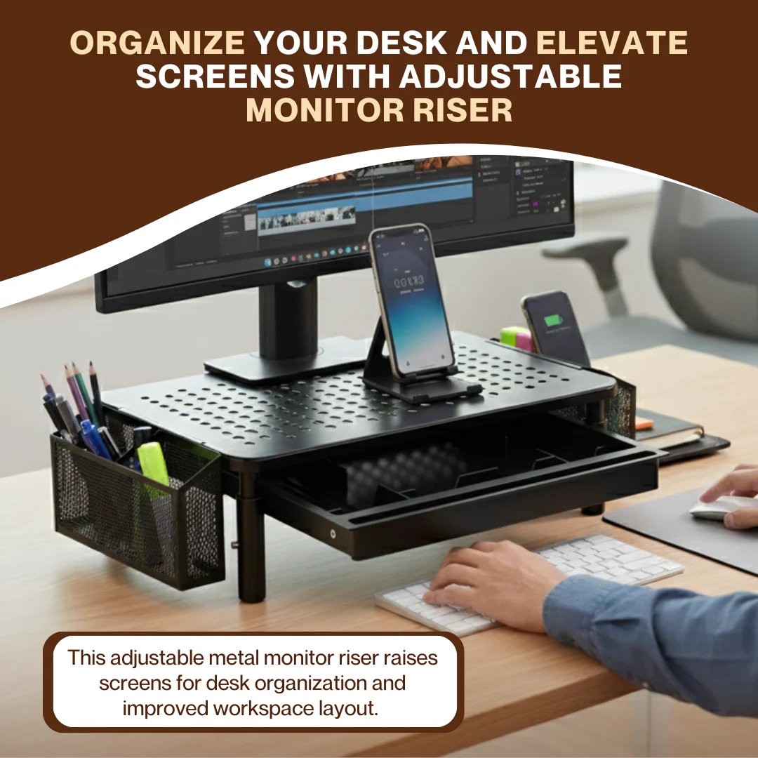 Adjustable Monitor Riser with Pull-Out Storage and Ventilated Platform
