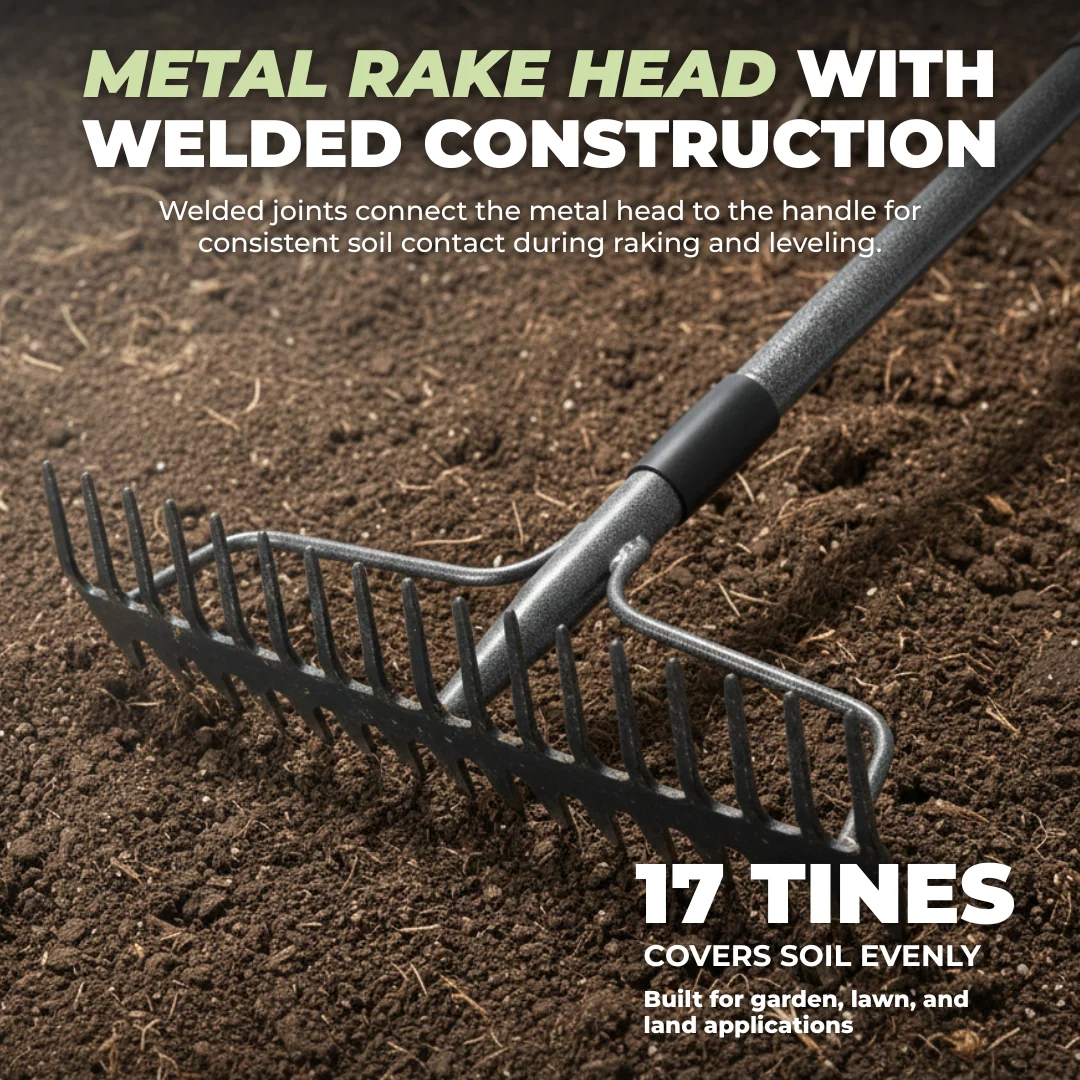 17 Tine Metal Garden Rake with Stainless Steel Handle, Heavy Duty Tool