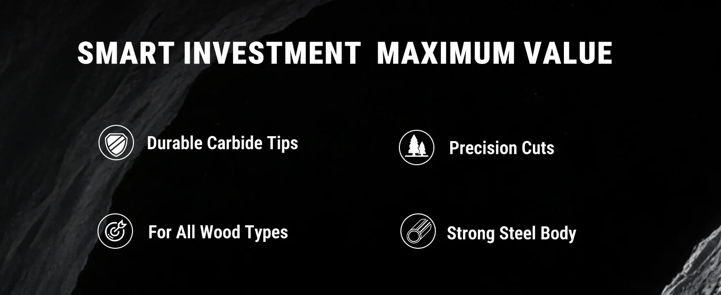 Smart investment banner with durable carbide tips, precision cuts, and strong steel body for wood types