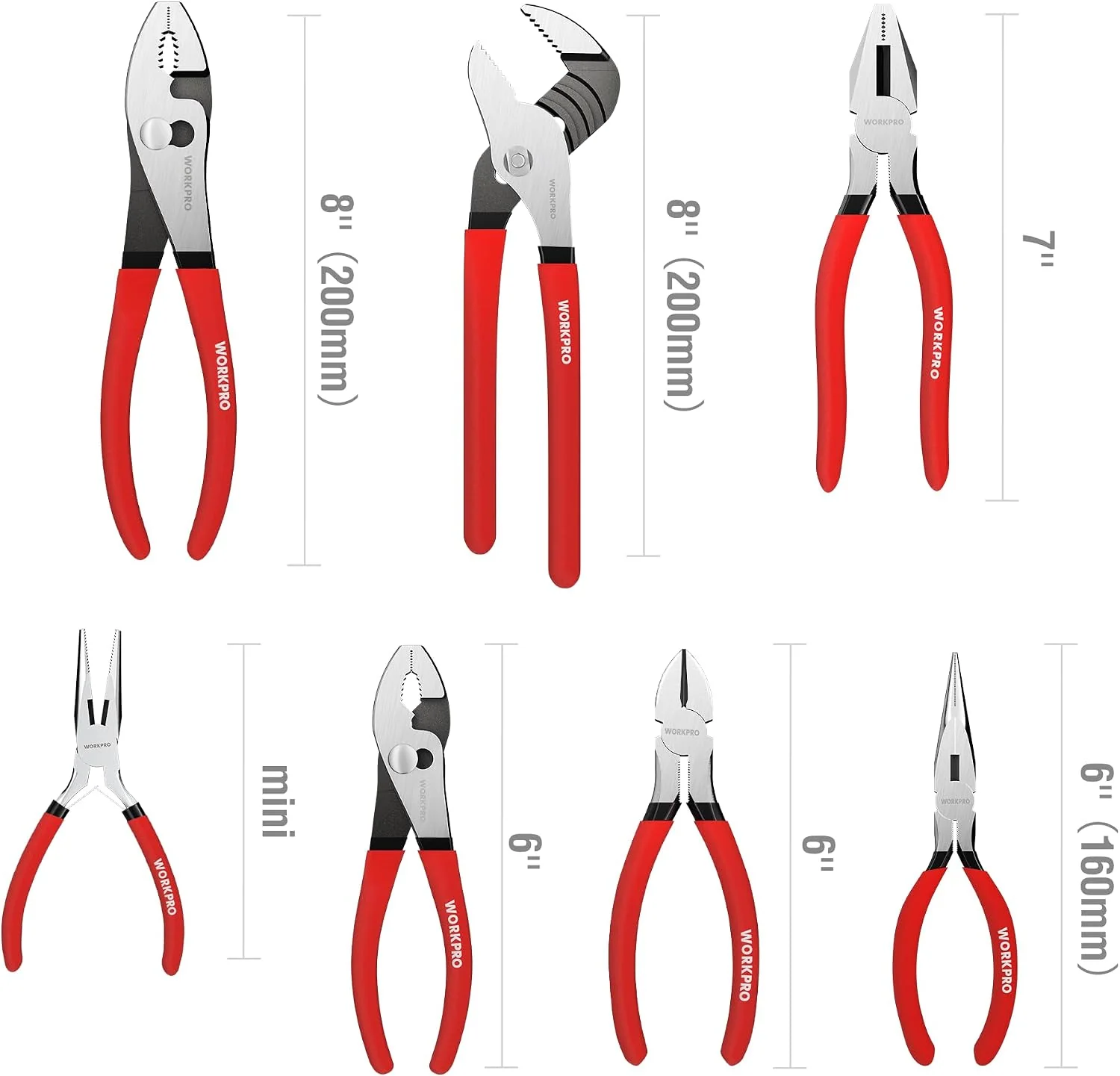 WORKPRO 7-Piece Pliers Set, Pliers Tool Set with Comfort Grip, Red | Groove Joint Plier, Long Nose Pliers, Slip Joint Pliers, Linesman Plier, Diagonal Pliers for DIY & Home Use - Image 2