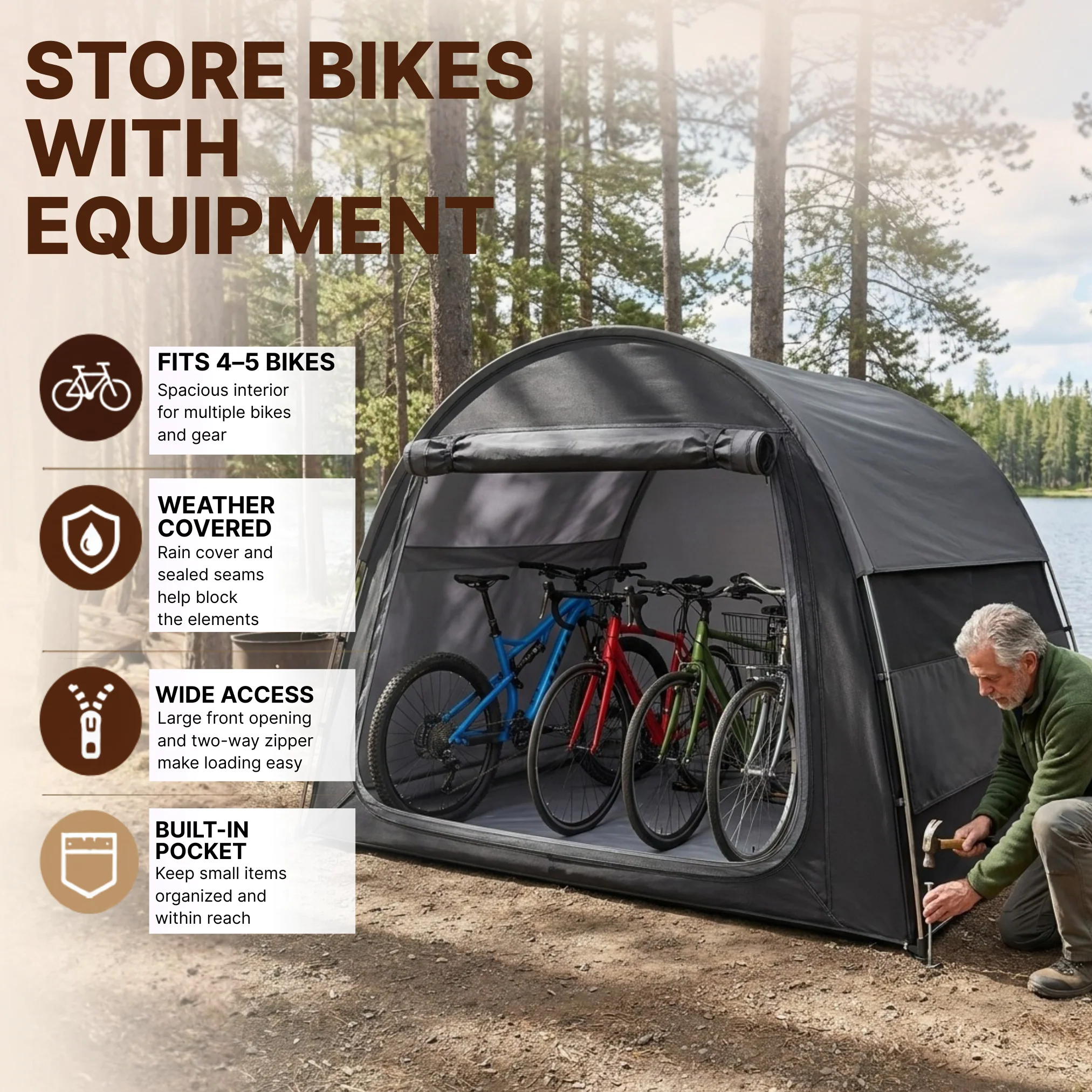 Bike Storage Tent for 4-5 Bikes with Rain Cover and Tool Storage