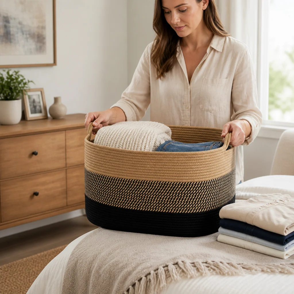Storage Basket Two-Tone Woven Foldable & Machine Washable - Image 3