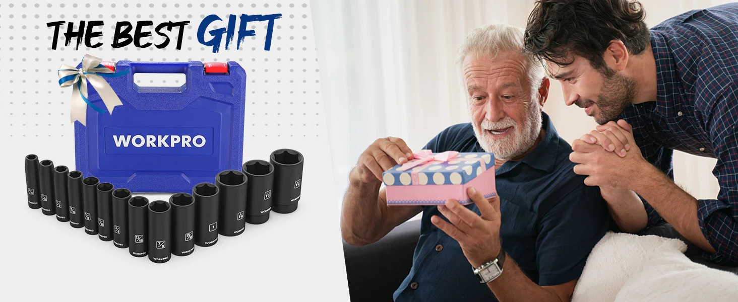 Tool set case with sockets and a gift bow, beside two men opening a colorful present at home