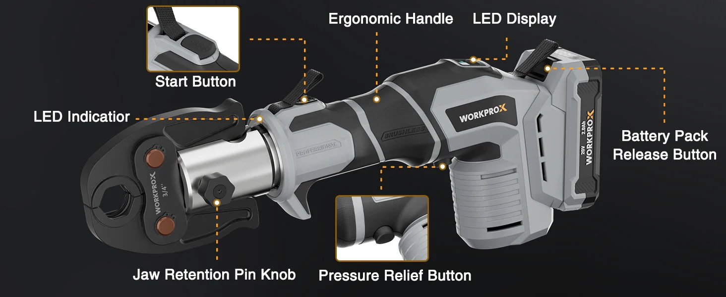 Cordless power tool with ergonomic handle, LED display, and labeled buttons, showing innovation and quality details