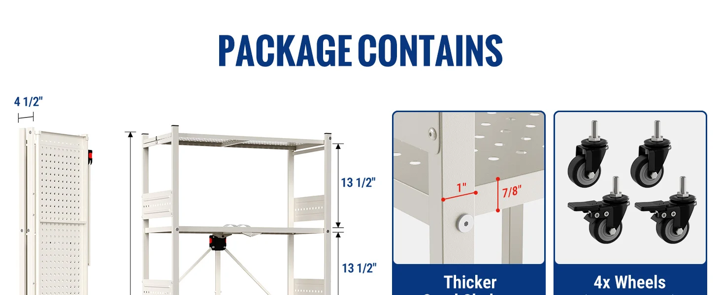 White package container frame with labeled dimensions, thicker panels, and four wheel casters shown in diagrams