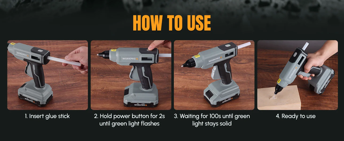 WorkproX glue gun in four steps on a wooden table, with a glowing indicator and hands inserting a glue stick