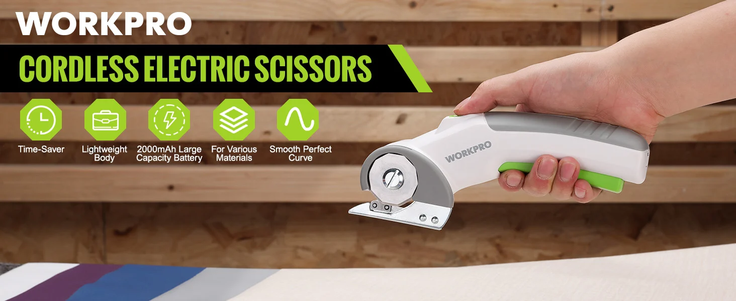 Cordless electric scissors innovation and quality shown in hand on a wooden workbench with secure, durable design