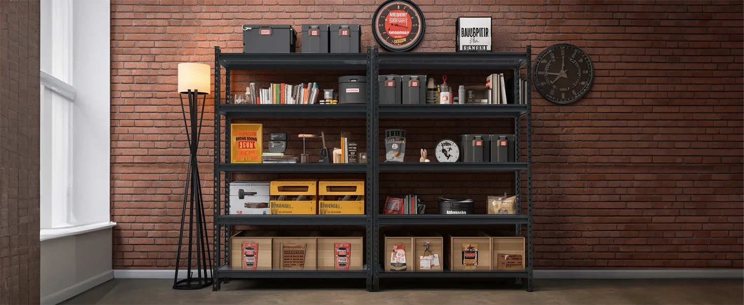 Metal shelving unit with books, jars, and boxes against a brick wall, with clocks and signs above