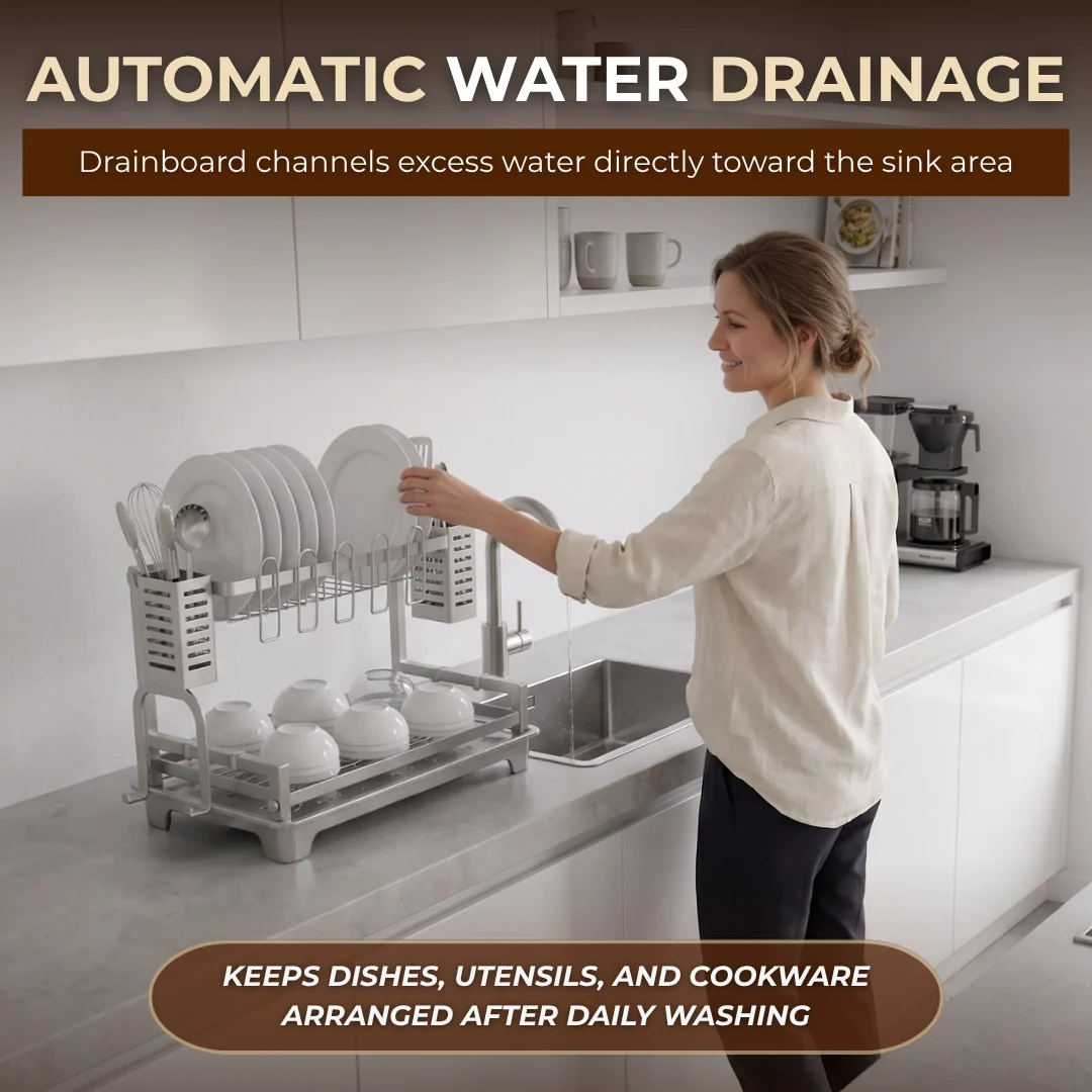 Two-Tier Dish Drying Rack with Drainboard and Utensil Holders