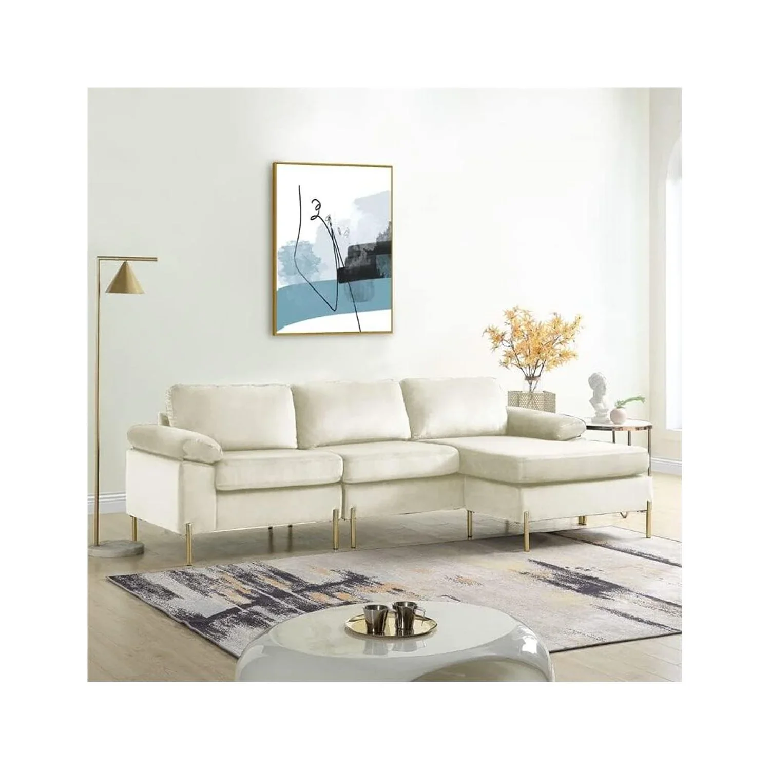 HomeStock Luxe Modern Velvet L-Shape Sectional Sofa with Square Padded Armrests, Solid Pattern Upholstery - 51.6"D x 101.2"W x 33.1"H, Comfortable and Stylish Seating for Living Room-Color:Gray/Gold - Image 19
