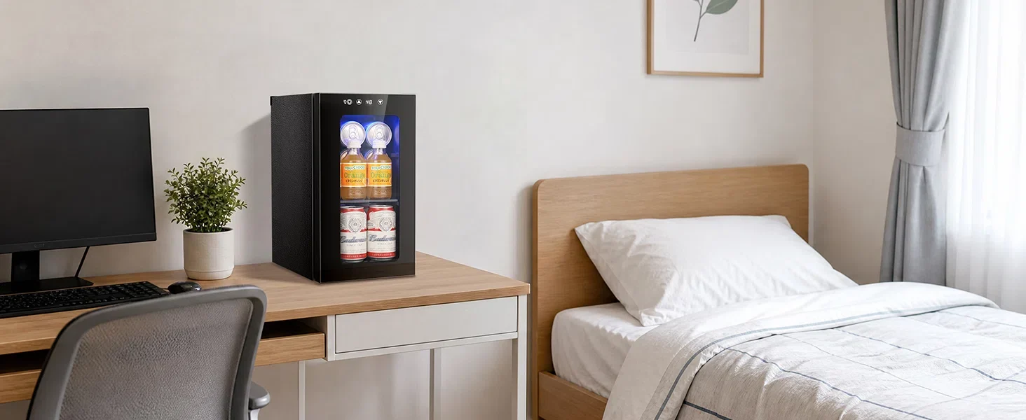 Kismile WC5810 mini beverage refrigerator on a desk beside a bed