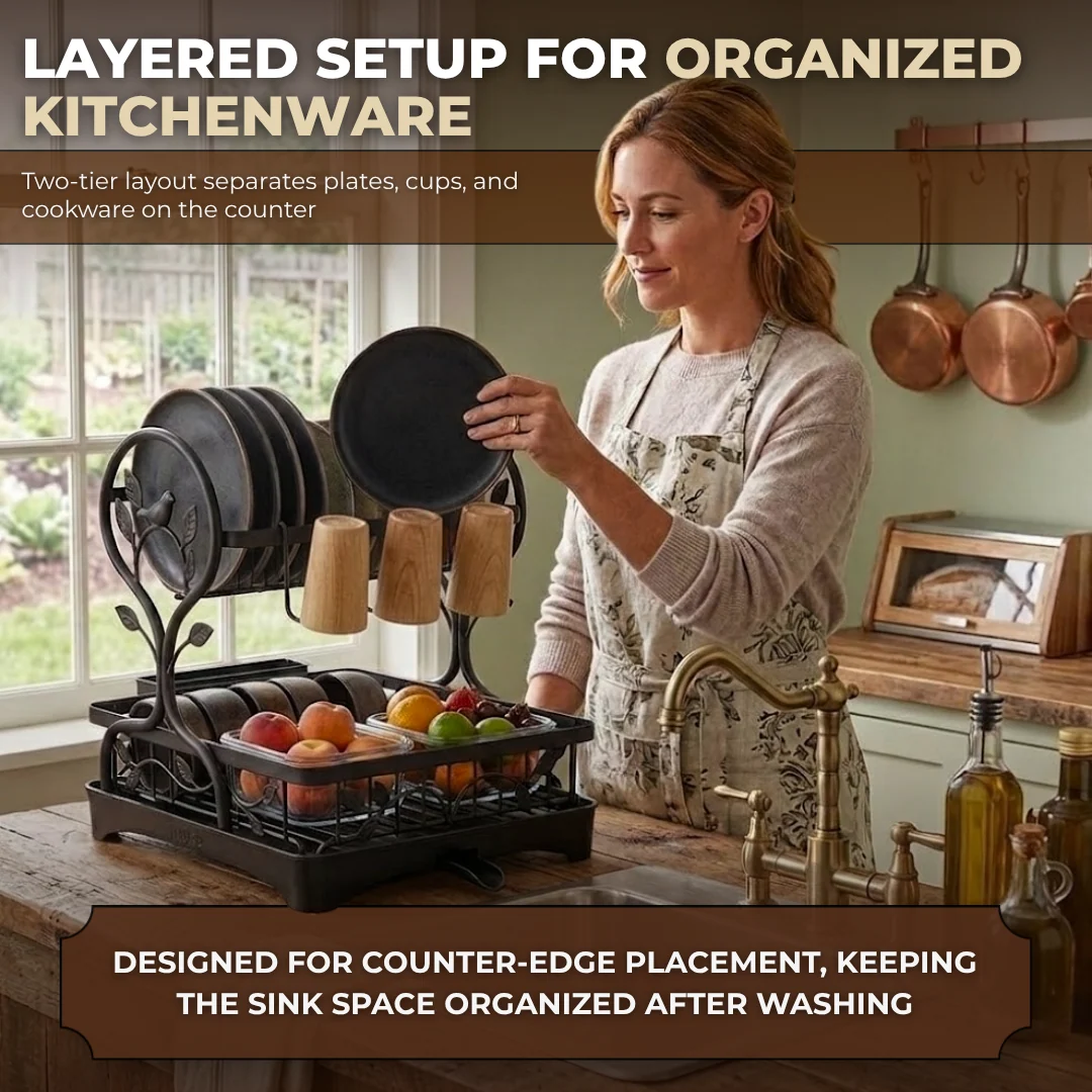 Two-Tier Metal Dish Drying Rack with Drain Board and Cup Holders