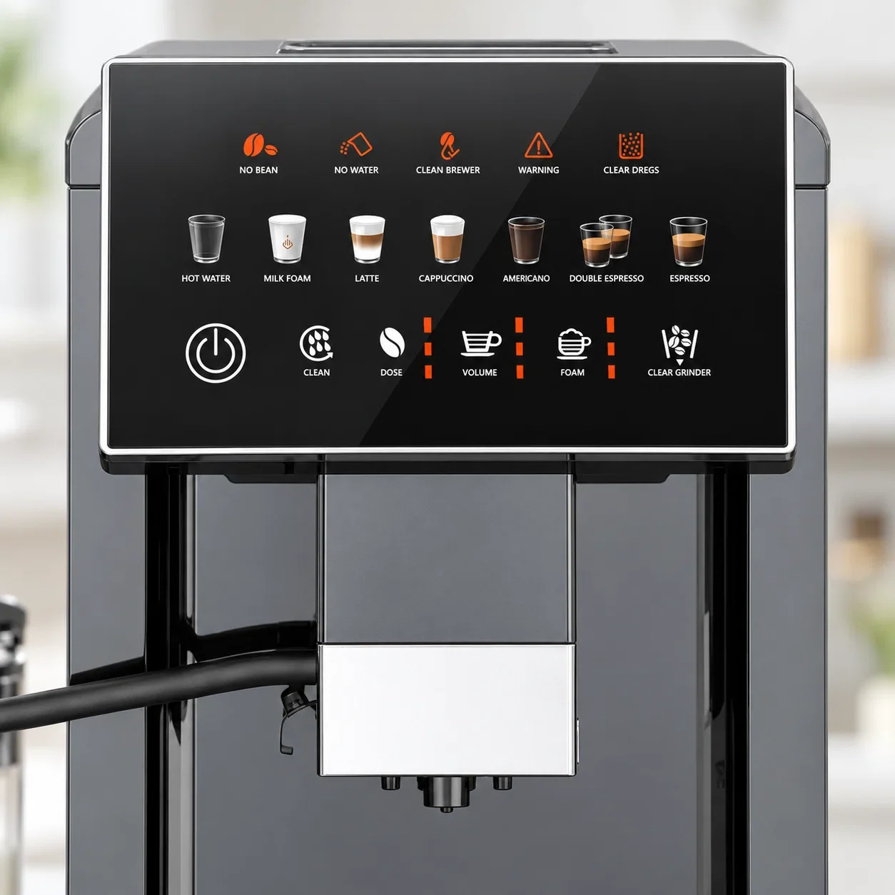 Kismile espresso machine touch control panel with drink options and status indicators