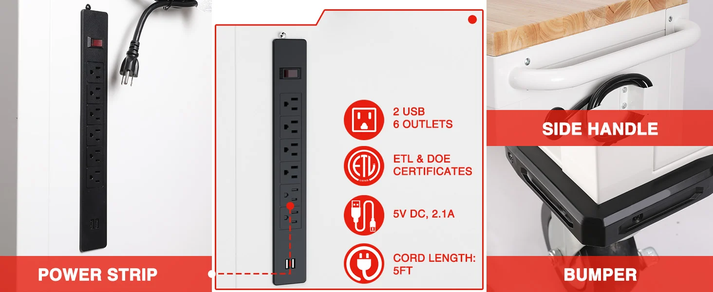 Power strip with side handle and bumper, showing 2 USB 6 outlets, 5V DC 2.1A, and 5FT cord length