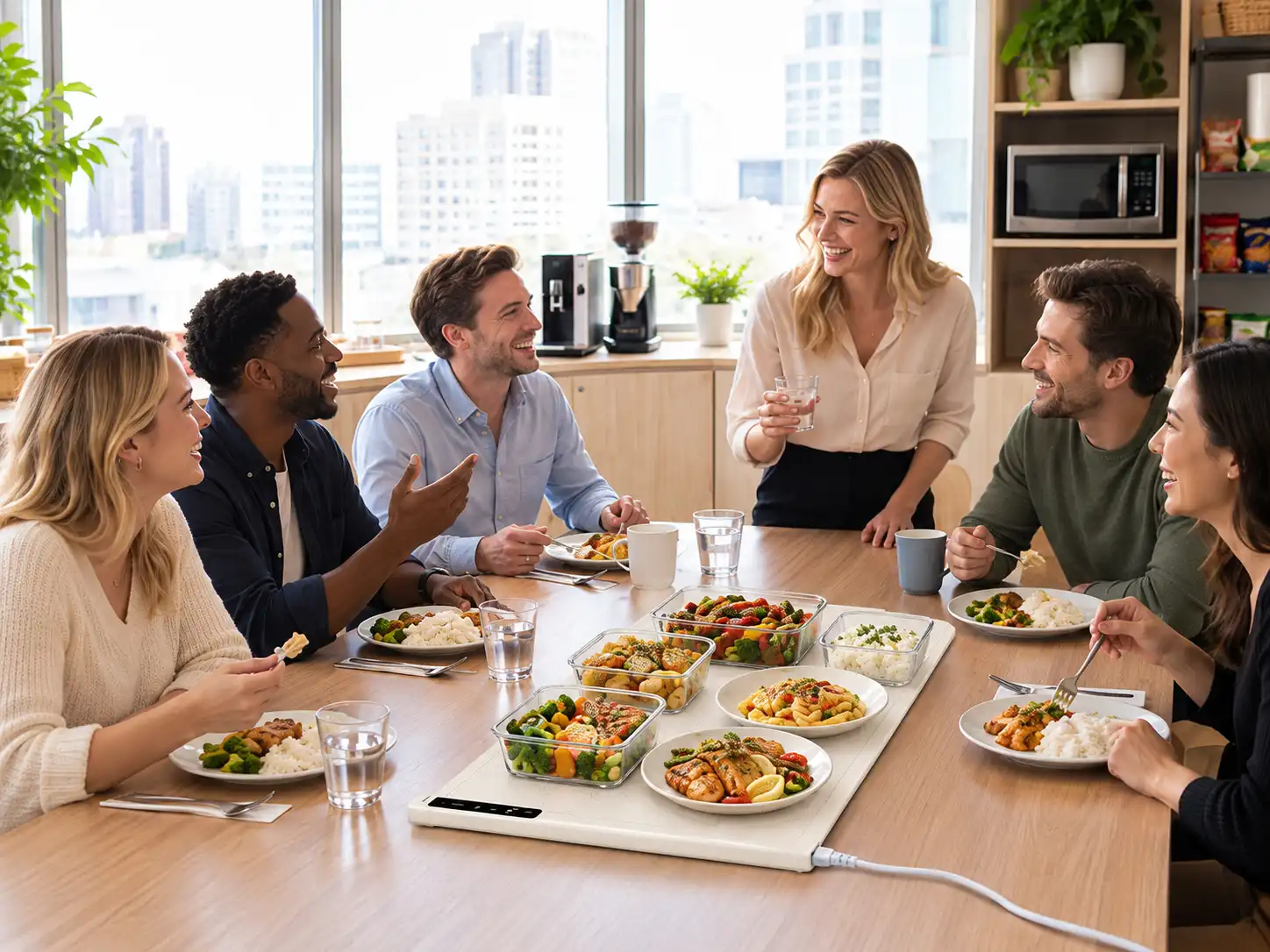 Kismile food warming mat with shared dishes during an office lunch