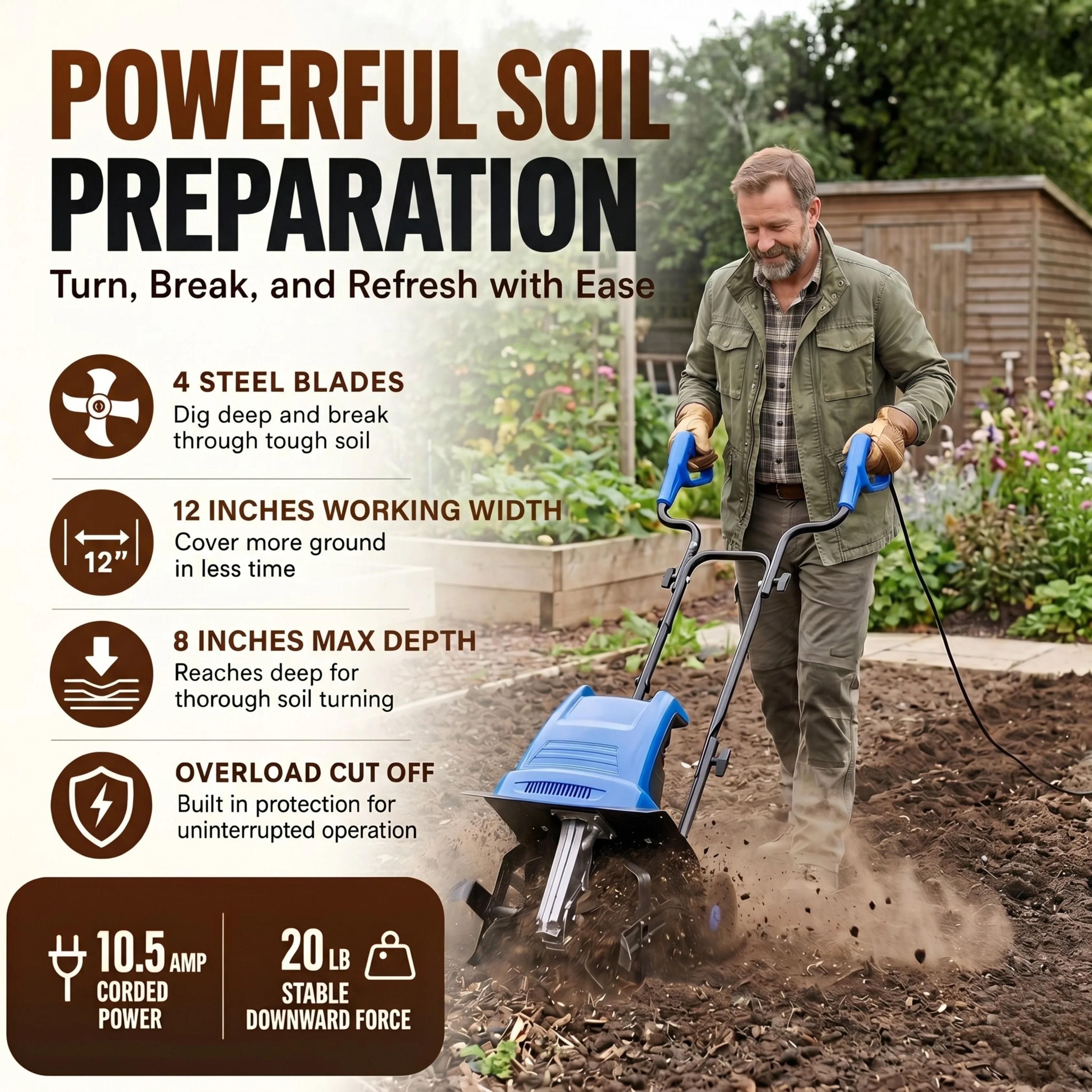 Corded Electric Garden Rototiller Soil Cultivation Steel Blade Tool