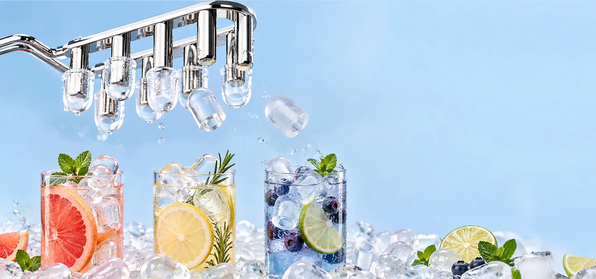 Fresh bullet ice falling above colorful iced drinks