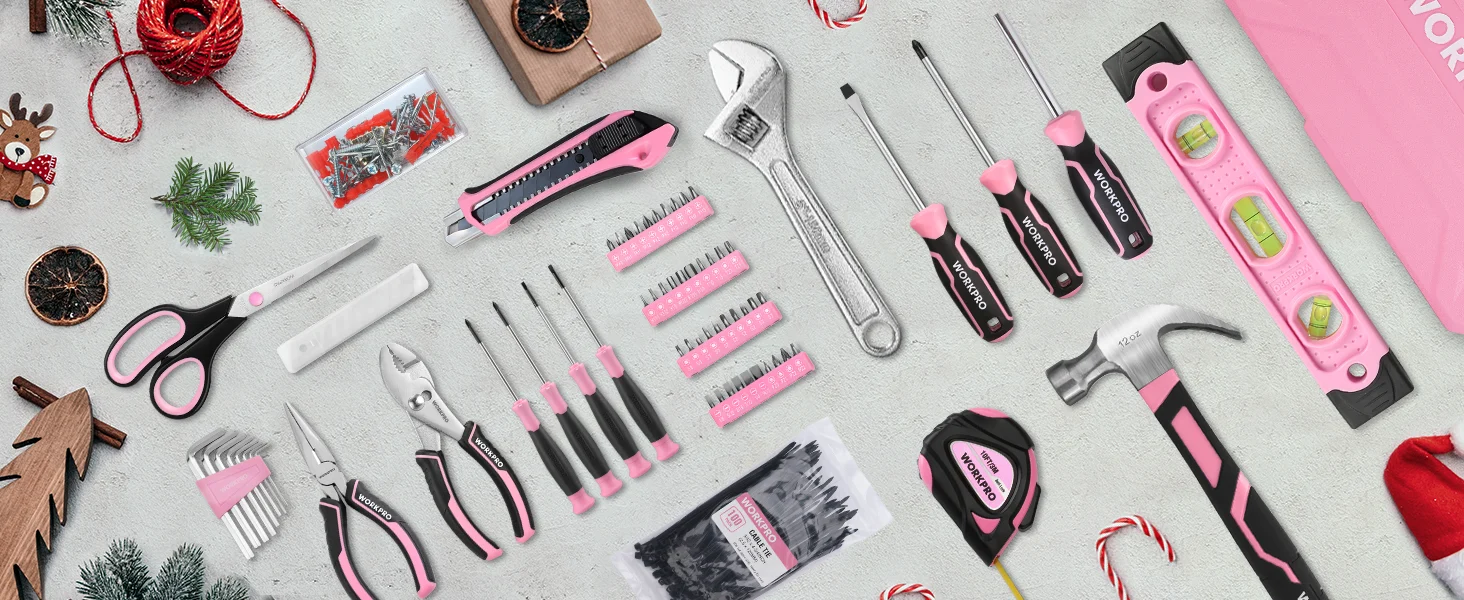 Tool set with pink and black Workpro hand tools, innovation and quality shown on a workbench layout