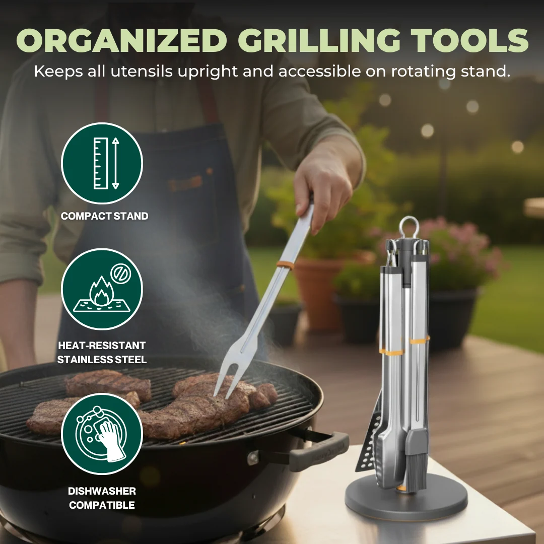 4-Piece Stainless Steel BBQ Tool Set with Rotating Stand Holder