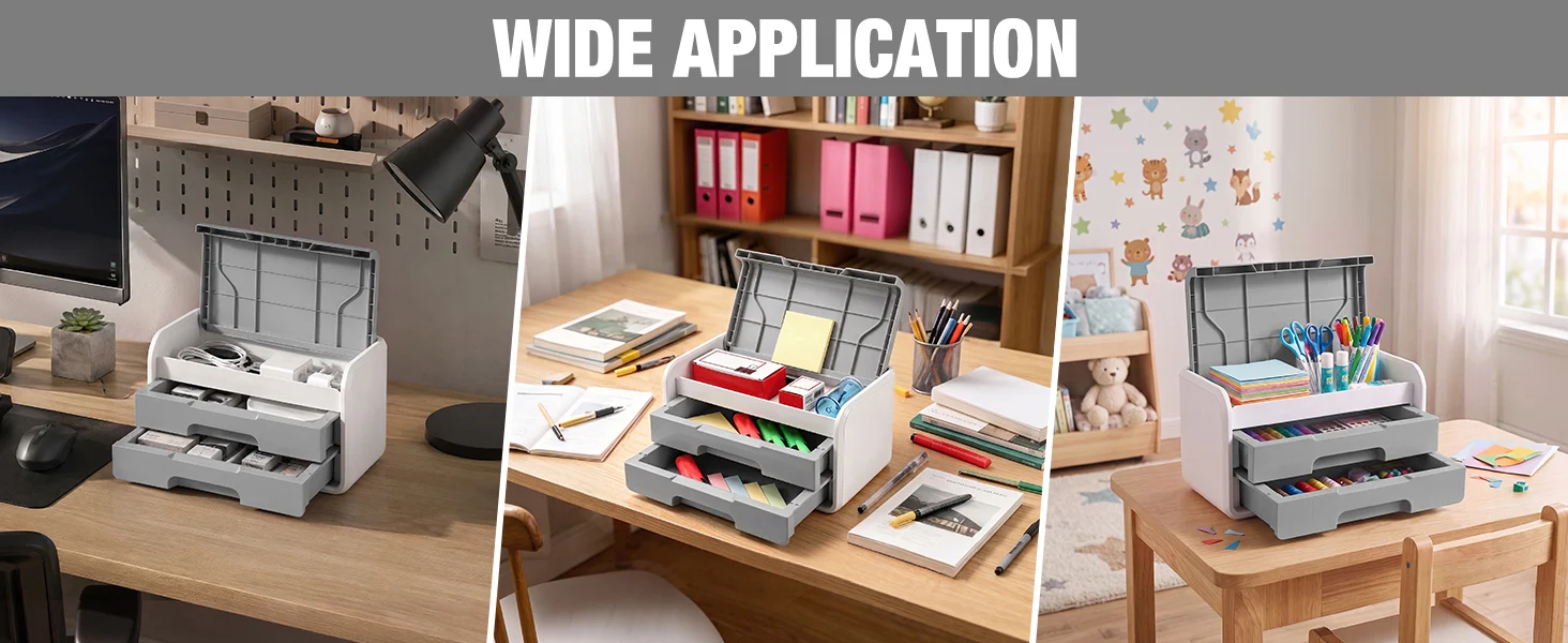 Stationery storage organizer with open drawer and pens on a desk, showing innovation and quality in a wide application
