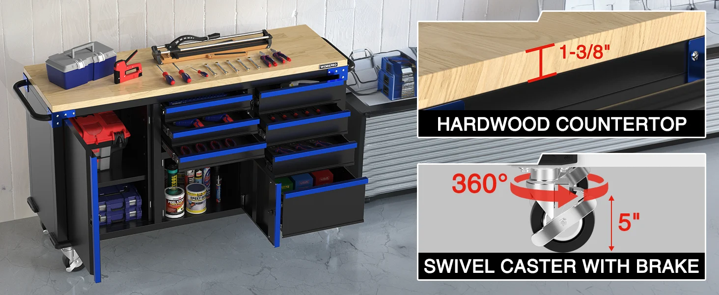 Tool workbench with hardwood countertop, drawers, and swivel caster with brake, showing 1 3 8 and 5 inch measures