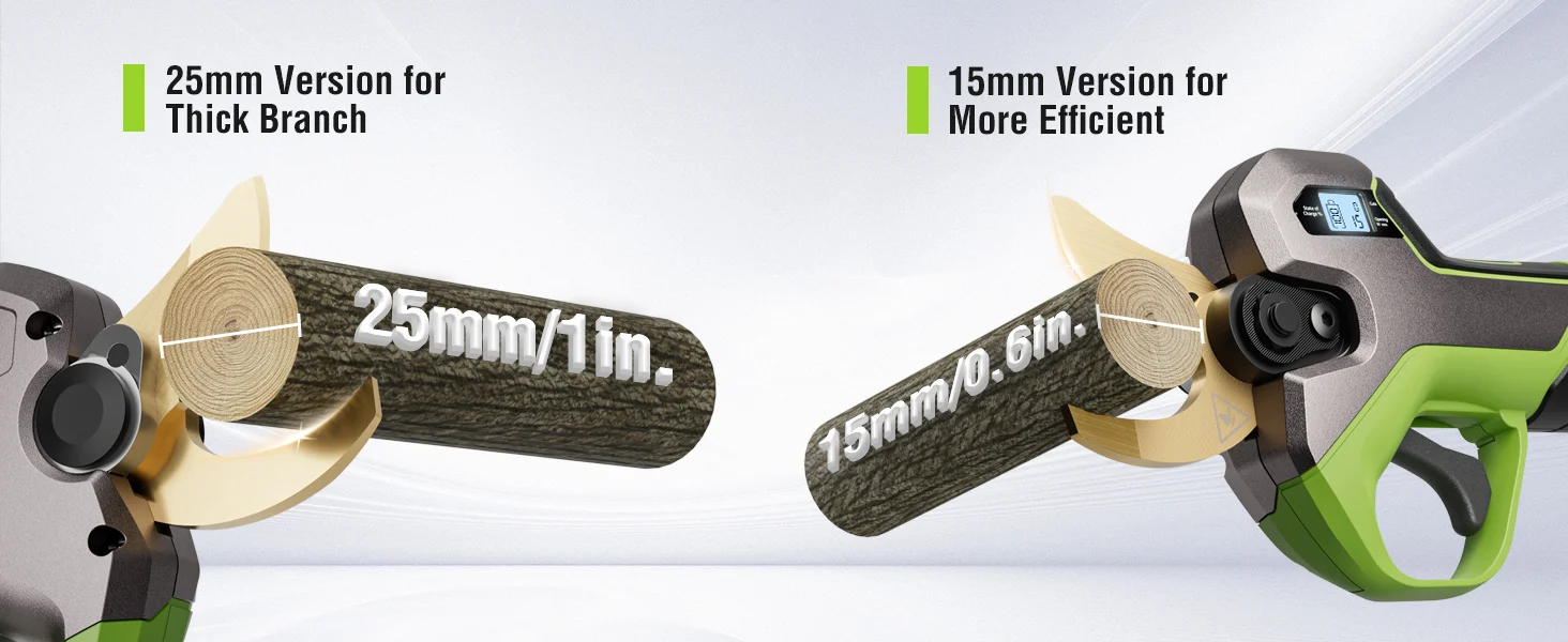 Angle grinder cutting a log with 25mm and 15mm settings shown, highlighting innovation and quality in the tool design
