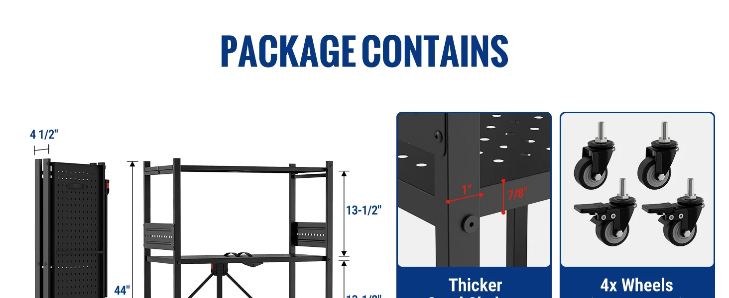Package contains a black metal rack frame with wheels, shown in labeled diagrams for innovation and quality