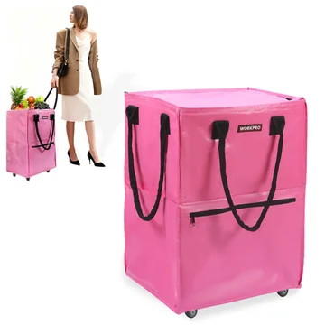 WORKPRO Medium Reusable Grocery Bag on Wheels, Heavy Duty Rolling Shopping Tote with Handle, Folding Trolley on 4 Caster Wheels for Groceries, Laundry, Camping, Moving