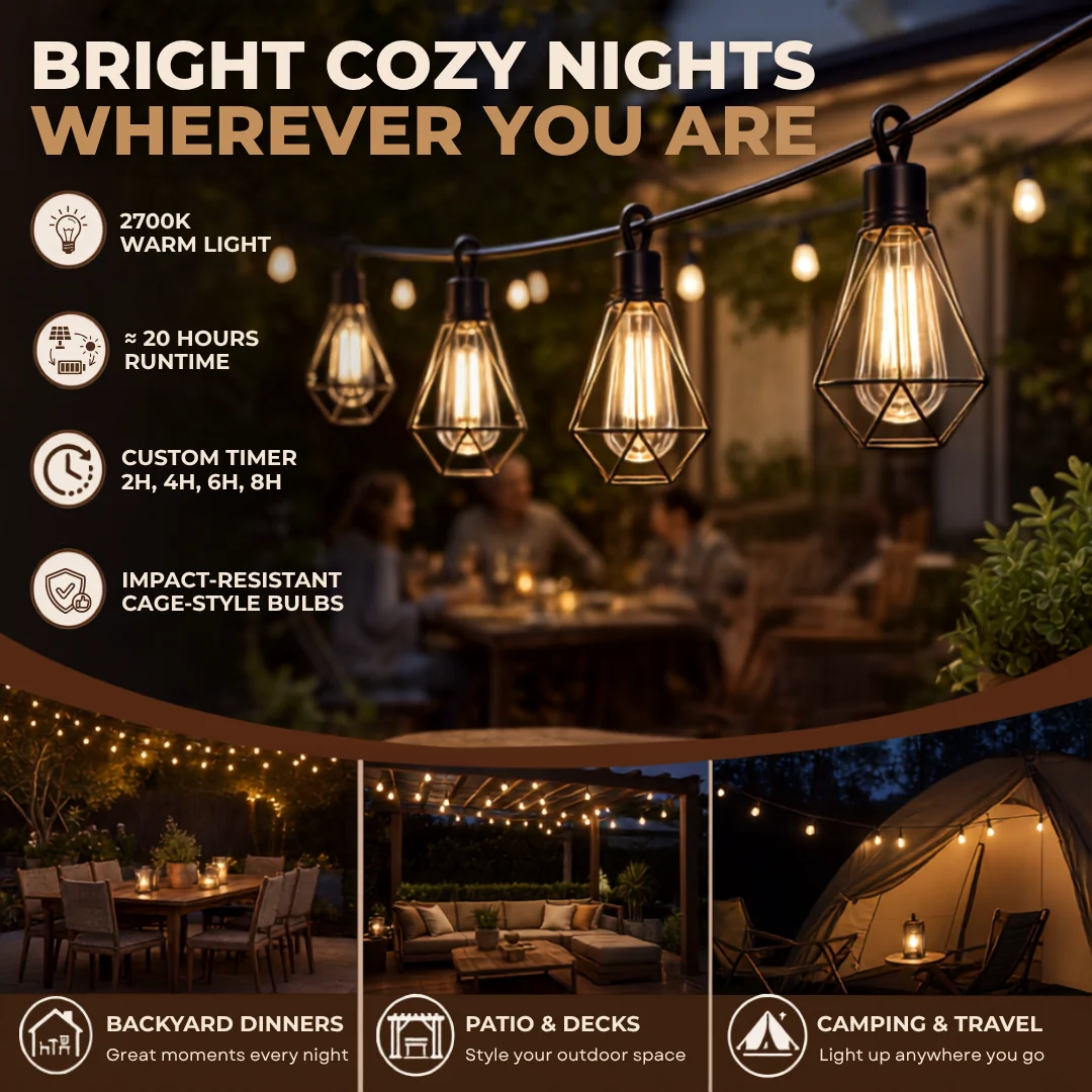 Solar String Lights with Remote USB Charging for Patio Garden